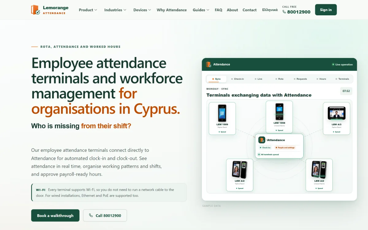 Attendance workforce platform showing live terminal sync across multiple sites in Cyprus