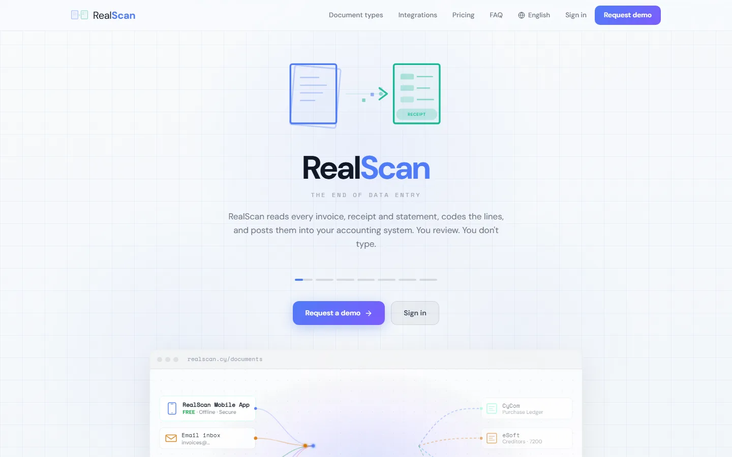 RealScan landing page showing automated reading of accounting documents